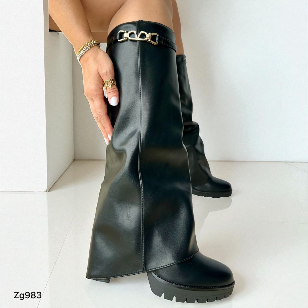 Bota caña alta negro doblez detalle dorado tacon 9cm 2P9C-X9525-07 C-45